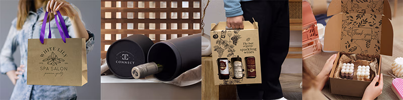 Gift boxes, bags, tubes and ribbons with custom branding