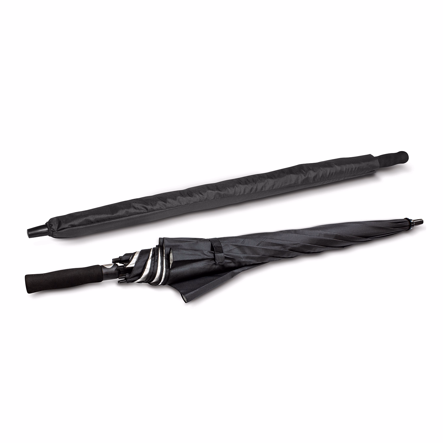 Two Patronus umbrellas in black and silver, closed and folded, one in matching sleeve