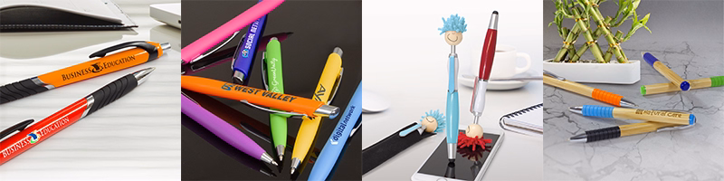 Assorted promotional pens in bright colours, bamboo and novelty styles, all featuring printed logos