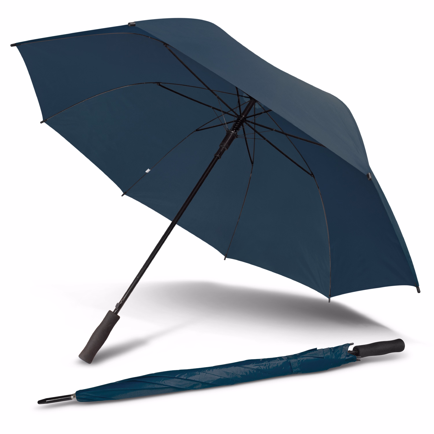 Pro-Am umbrella in navy, open with matching closed Pro-Am umbrella in navy laying beside