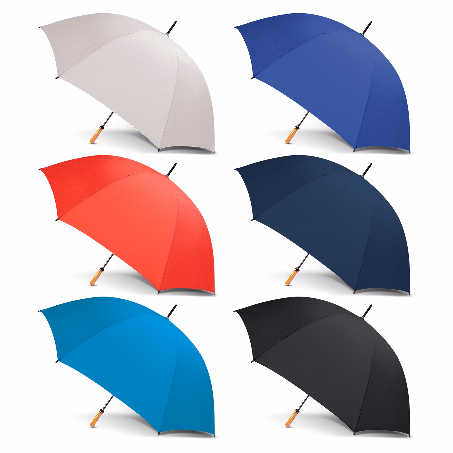 Line-up of open Pro Umbrellas with wooden handles in white, red, cyan, royal, navy and black