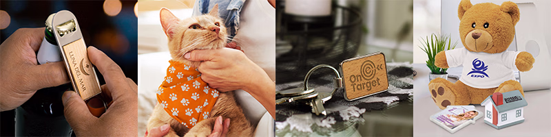 Assorted branded giveaways including bottle opener, pet accessories and key ring