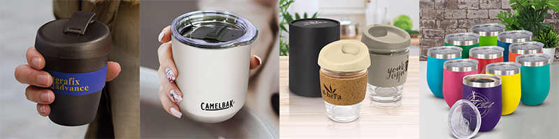 Hands holding black reusable coffee cup, white stainless tumbler, glass cups with silicone lids, and colourful stainless mugs with printed logos