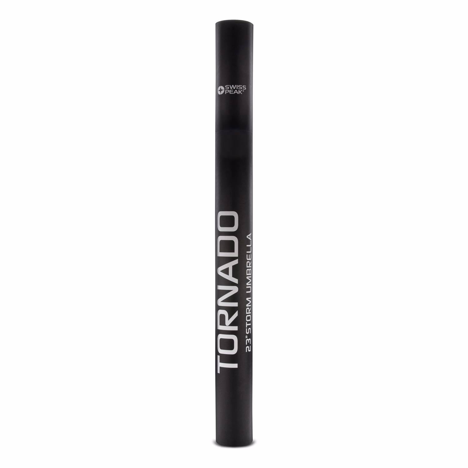 Swiss Peak Tornado 58cm Umbrella black cylindrical gift tube with silver branding text