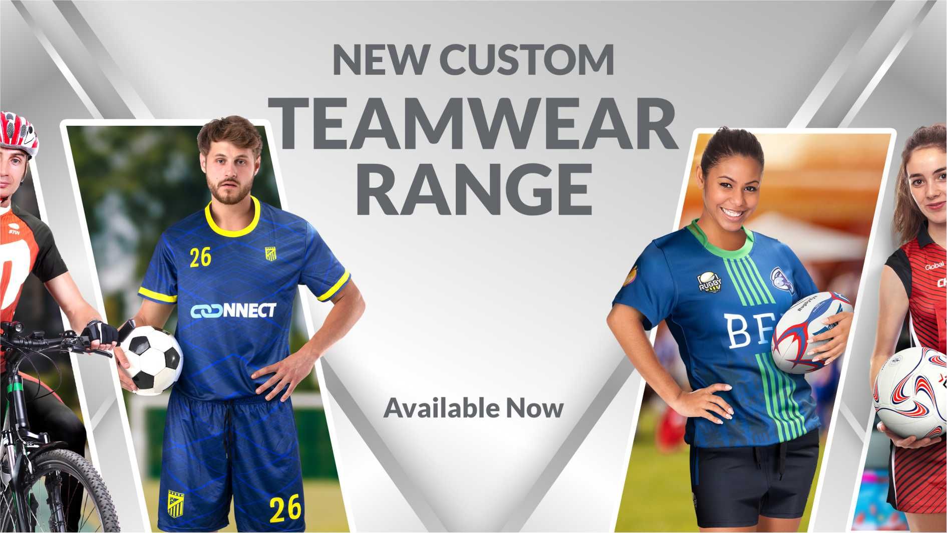 Models wearing custom printed teamwear uniforms for different sports.