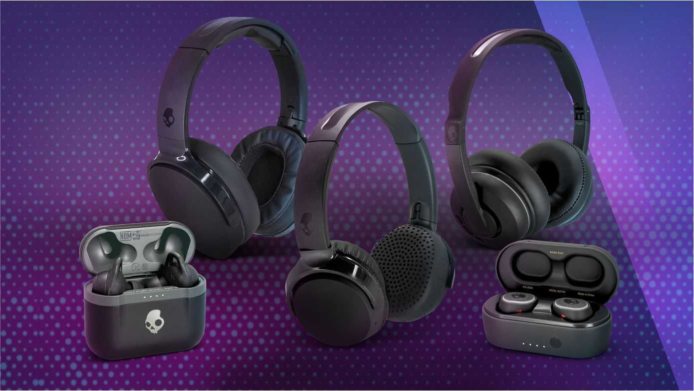 Wireless headphones and earbuds displayed on purple digital-themed background.